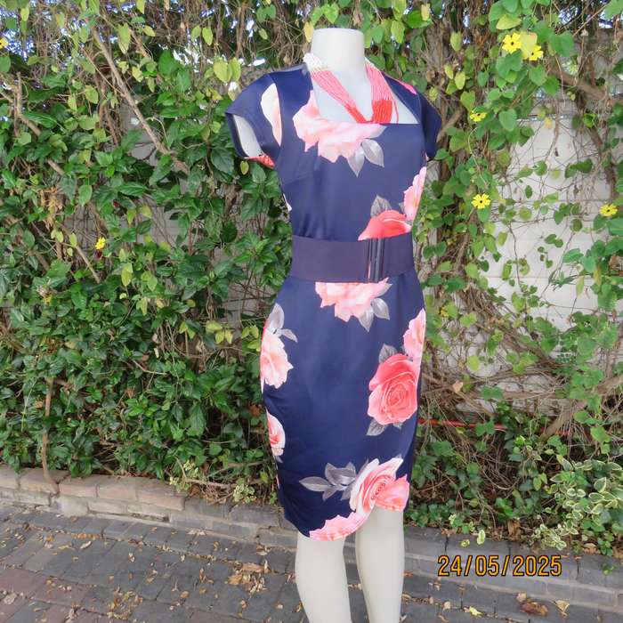 QUIZ navy floral dress with crimson roses. Fold over bottom. Size 37. Square neckline
