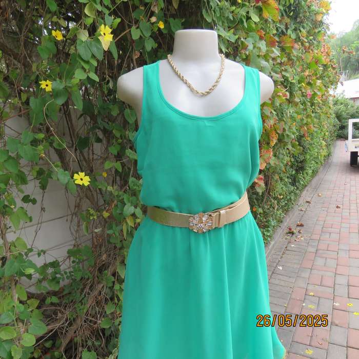 WOOLWORTHS lime green slip over sheer polyester-lined size 36 dress. Gold trimmimg.
