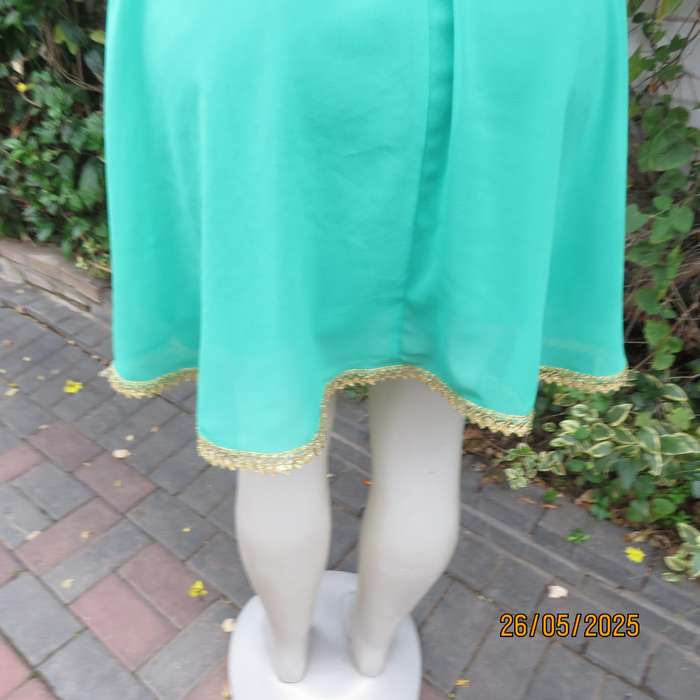 WOOLWORTHS lime green slip over sheer polyester-lined size 36 dress. Gold trimmimg.