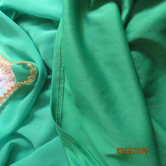 WOOLWORTHS lime green slip over sheer polyester-lined size 36 dress. Gold trimmimg.