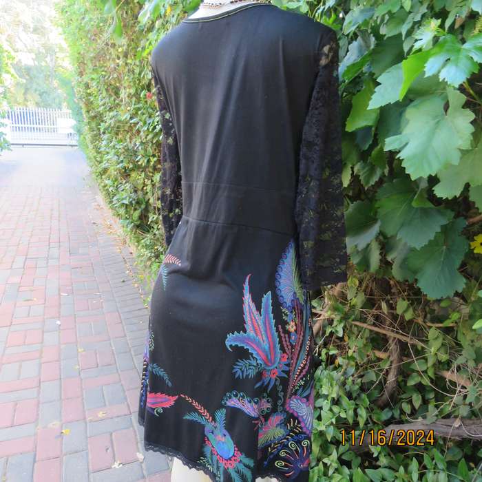Smart casual black stretch polycotton slip over dress. Lace sleeves. Size 36-38. Jewel colour print.