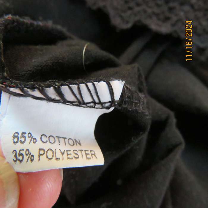 Smart casual black stretch polycotton slip over dress. Lace sleeves. Size 36-38. Jewel colour print.