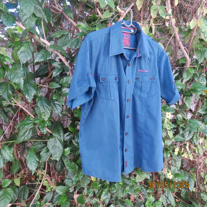 IDENTITY casual black-jade vertical striped short sleeve stretch cotton shirt size Large