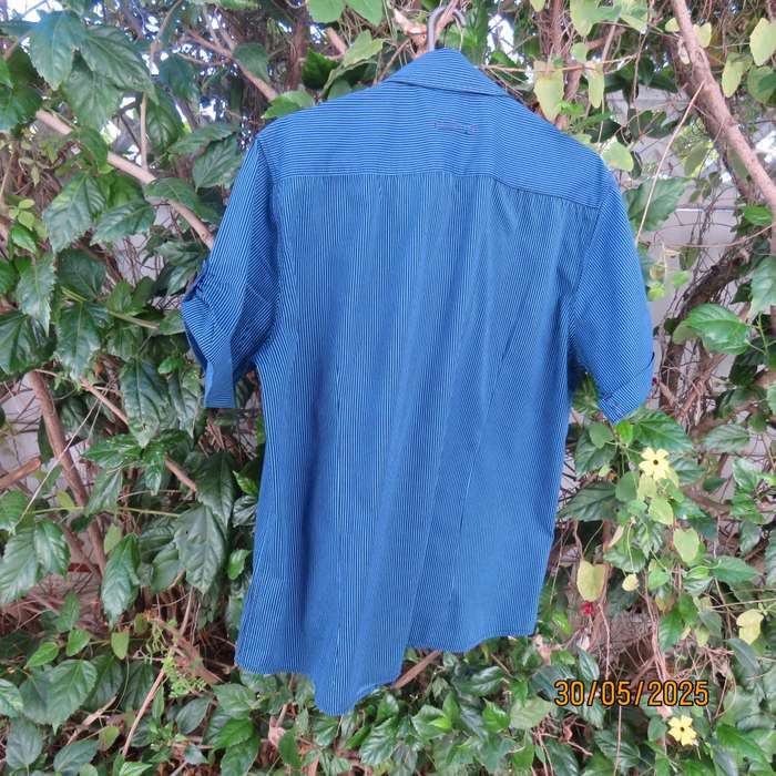 IDENTITY casual black-jade vertical striped short sleeve stretch cotton shirt size Large