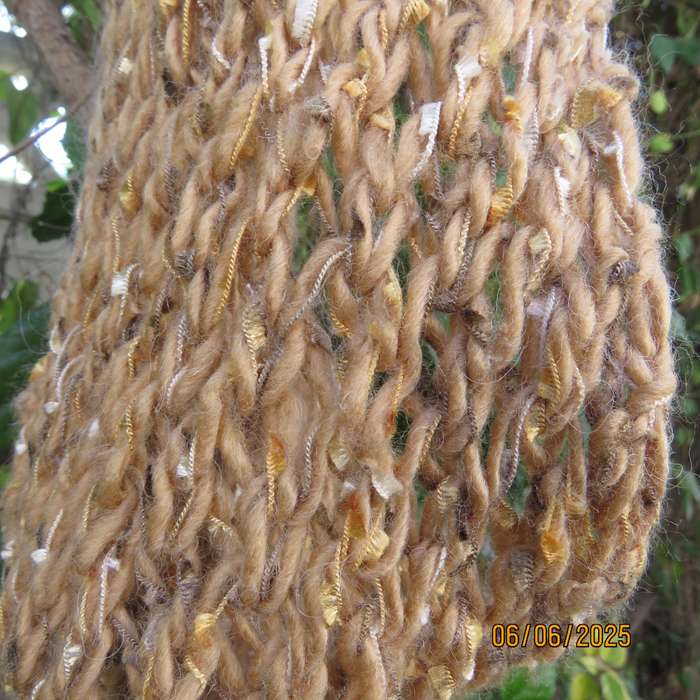 Warm handknitted scarf size 180cm x 25cm in tan-cream-gold acrylic-ribbon.