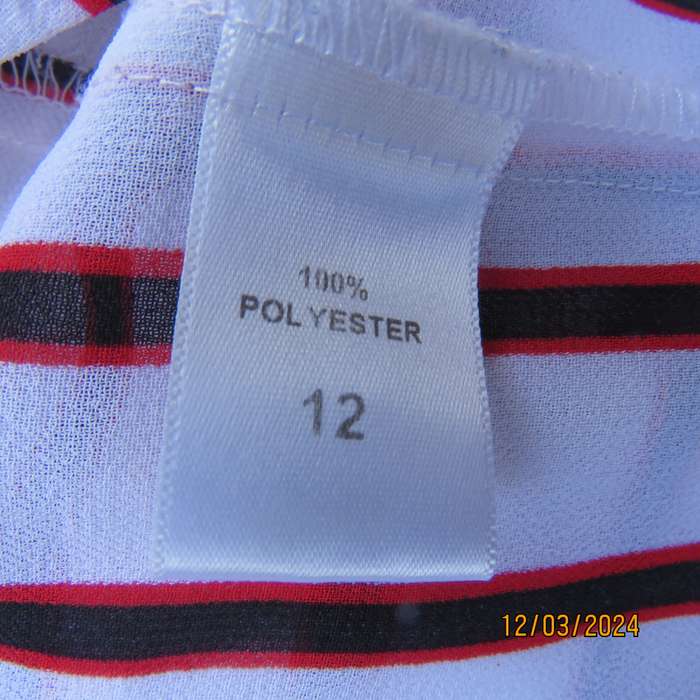 CONTEMPO sheer white polyester button down top with vertical black-red stripes.Size 36.As new