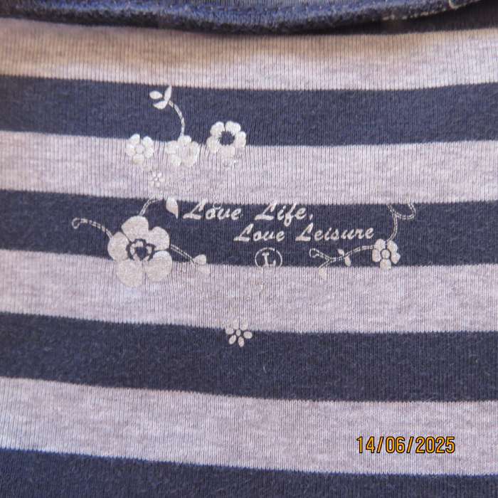WOOLWORTHS navy-silvergrey horizontal striped 100% cotton top. Pink inlays. Size 38-40
