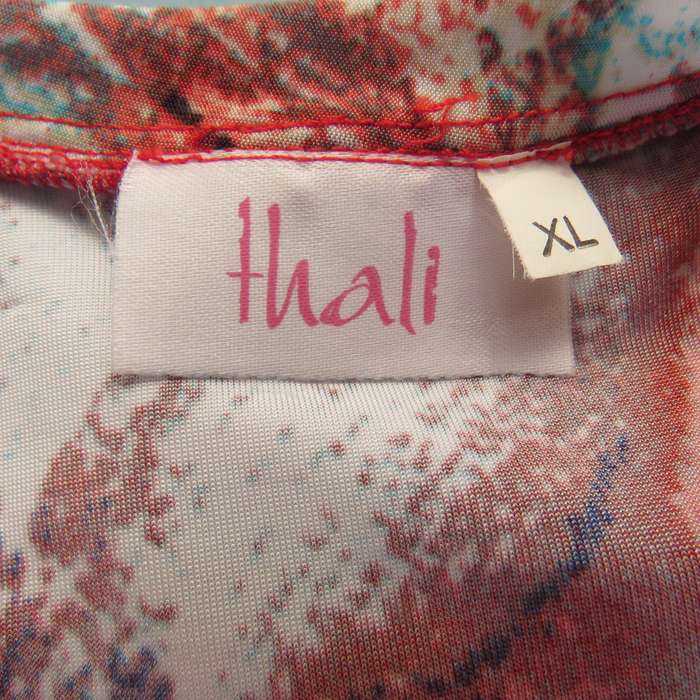 THALI sleeveless loose red-white floral dress -blue accents. Size 42. Lace frilled hem.