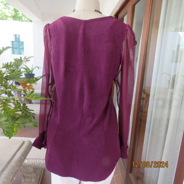 Pretty boutique made purple poly-satin top with long chiffon sleeves. Size 36. As new
