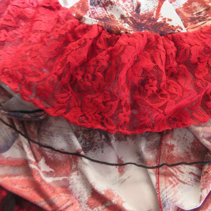 THALI sleeveless loose red-white floral dress -blue accents. Size 42. Lace frilled hem.