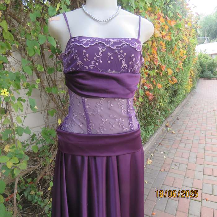 Boutique made purple satin evening dress. Flare bottom. Embroidered top. Size 30