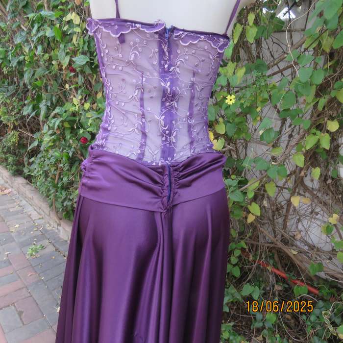 Boutique made purple satin evening dress. Flare bottom. Embroidered top. Size 30