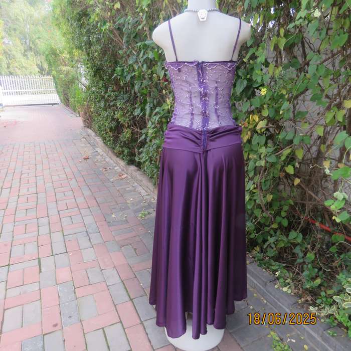 Boutique made purple satin evening dress. Flare bottom. Embroidered top. Size 30