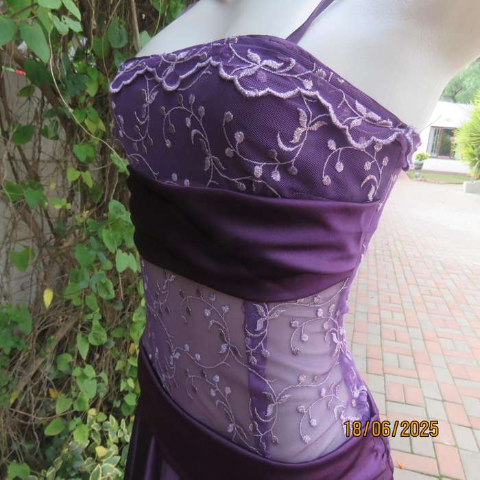Boutique made purple satin evening dress. Flare bottom. Embroidered top. Size 30