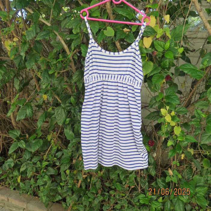 BLUE Chic adjustable strappy dress for 8 to 10yr old girl. Blue-white horizontal stripes.
