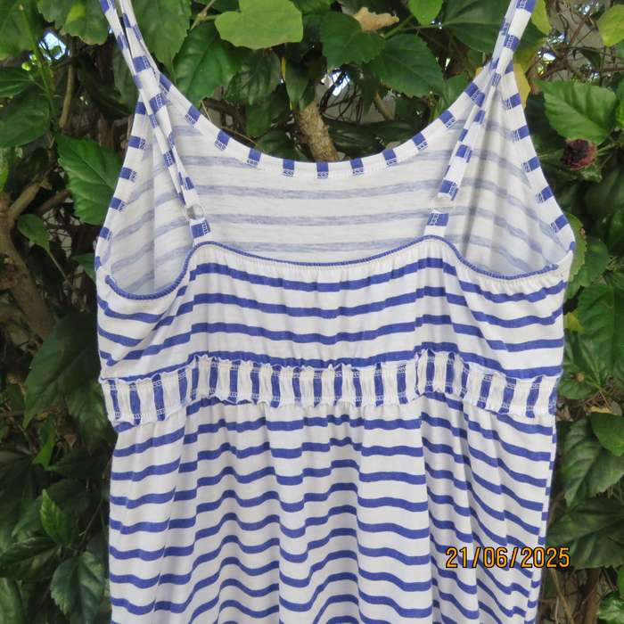 BLUE Chic adjustable strappy dress for 8 to 10yr old girl. Blue-white horizontal stripes.