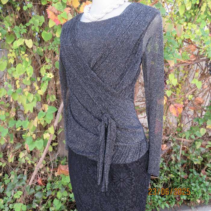 Glamour black-silver lame evening long sleeve fold over 2 layer poly-nylon stretch top. Size 34