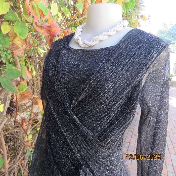 Glamour black-silver lame evening long sleeve fold over 2 layer poly-nylon stretch top. Size 34