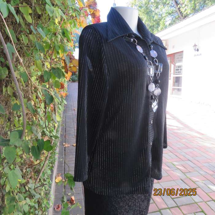 CARO smart casual black stretch polyester top with silver vertical stripes. Size 40