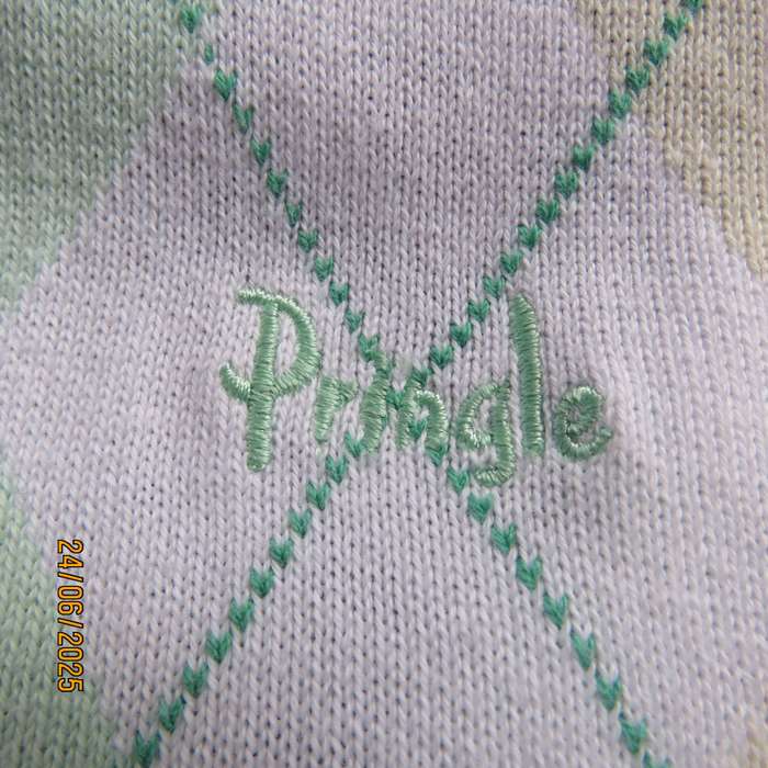 PRINGLE high quality cotton knit diamond pattern cardigan. green-cream-white. Size 38-40