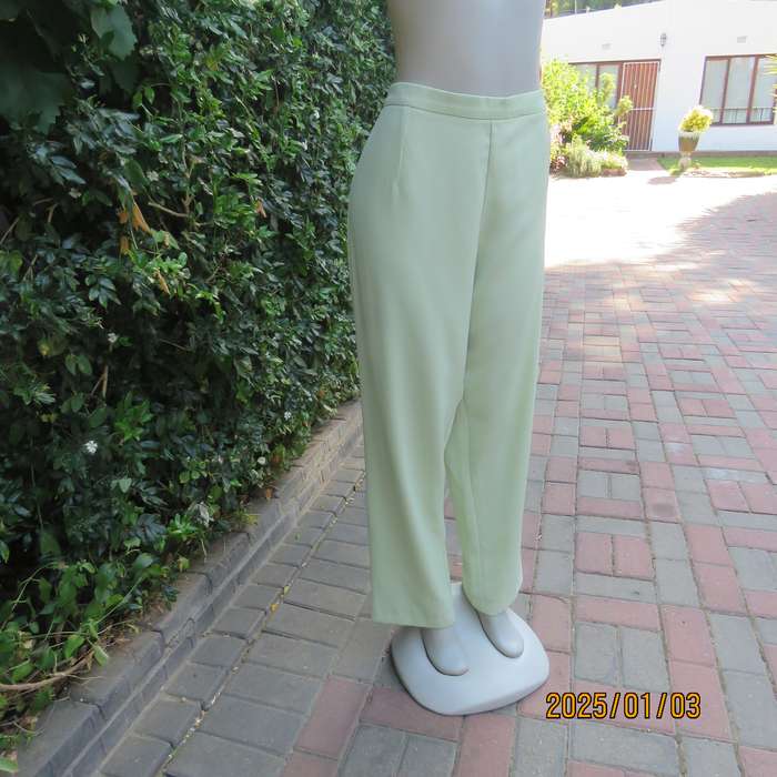 Pastel green dress pants with tapered legs. Flat front-elasticated back. Size 44. Firm textured poly