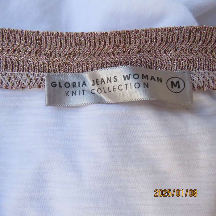 GLORA JEANS capped raglan sleeve white polyamide-viscose top with pink-gold knit.Size 34-36. As new.