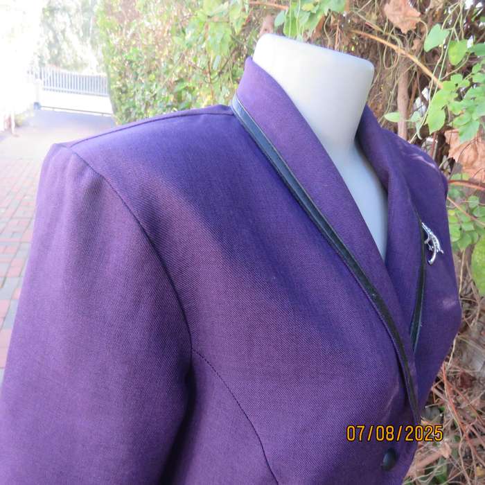 Purple tailored long sleeve jacket with shawl collar and 3 button closure. Size 36