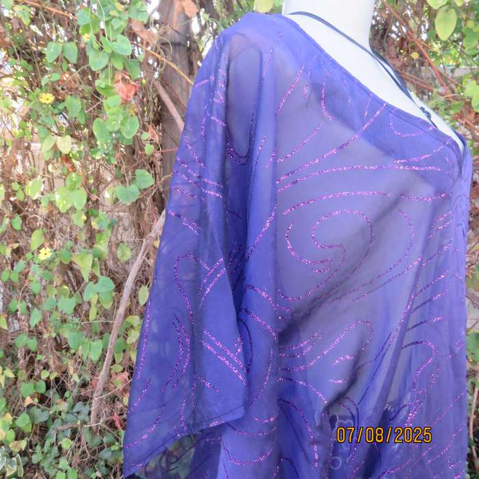 Boutique made sheer purple halfmoon top with glimmer twirls. Pleat on front. Size 40-44