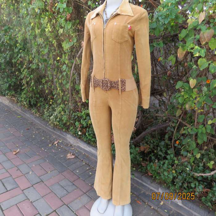 LUCY'S tan stretch corduroy jumpsuit size 32. Zip-up front. Bell bottom legs.