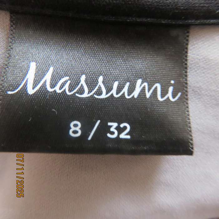 Silver grey stretch polyester long sleeve open elegant jacket.Black velvet baroque embossed. Size 32