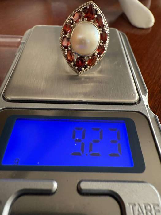 Sterling silver Pearl with red stones ring