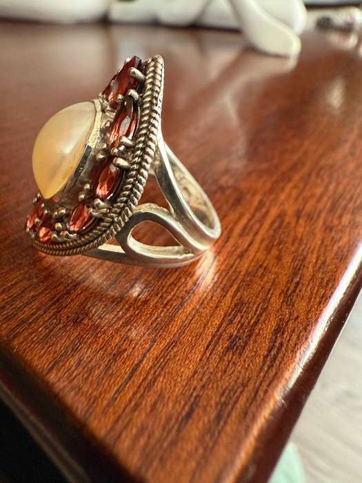 Sterling silver Pearl with red stones ring