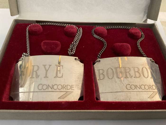 British Airways, Concorde sterling silver Rye and Bourbon decanter labels