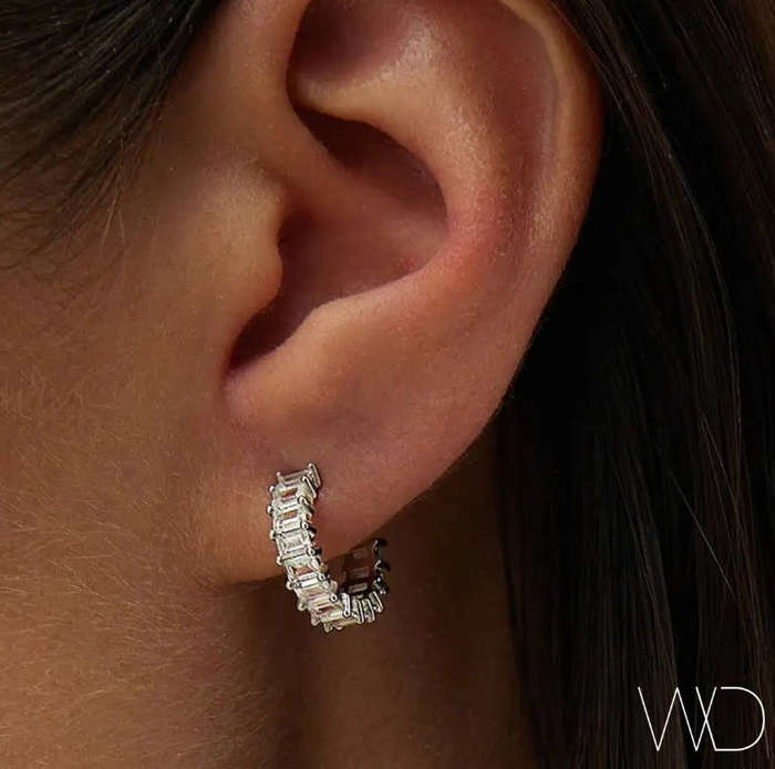 Dainty Silver Colour Cubic Zirconia Baguette Hoop Earrings