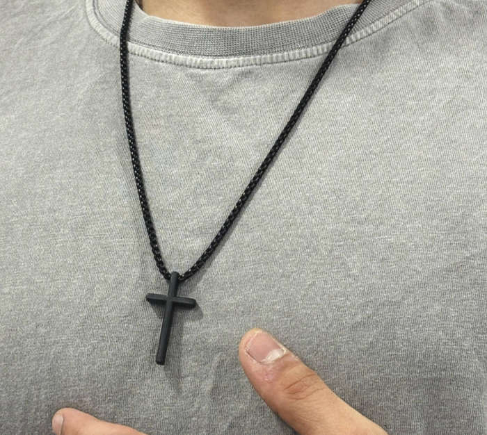 Cross Necklace for Men  316L Durable Stainless Steel Pendant in Black on 60cm Box Chain
