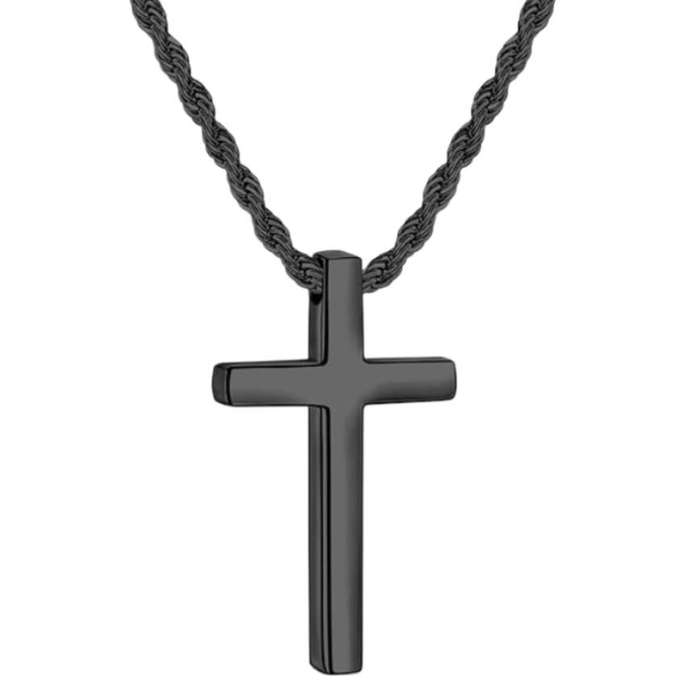 Cross Necklace for Men  316L Durable Stainless Steel in Black Pendant on 55cm Rope Chain