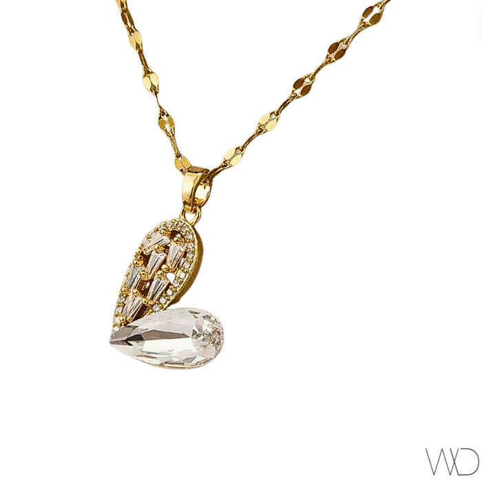 Beautiful White Rhinestone Heart Necklace in Gold Plated Stainless Steel