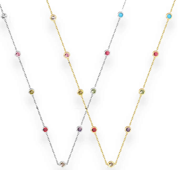 Silver Colour Stainless Steel with Multi Colour Cubic Zirconia Necklace 57cm + 5cm extender