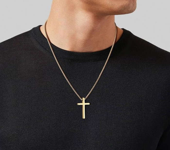 Cross Necklace for Men  316L Durable Stainless Steel Pendant in Gold on 60cm Box Chain