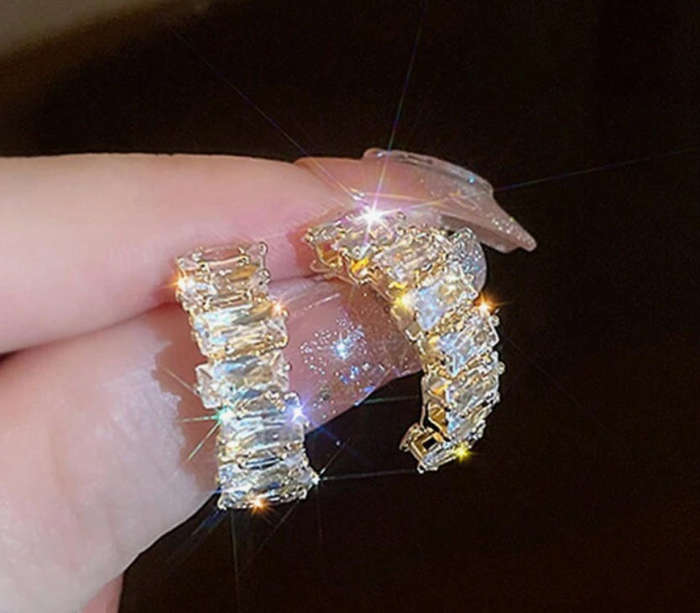 Gold Plated White CZ Stones Stainless Steel Curved Rhinestone Earrings