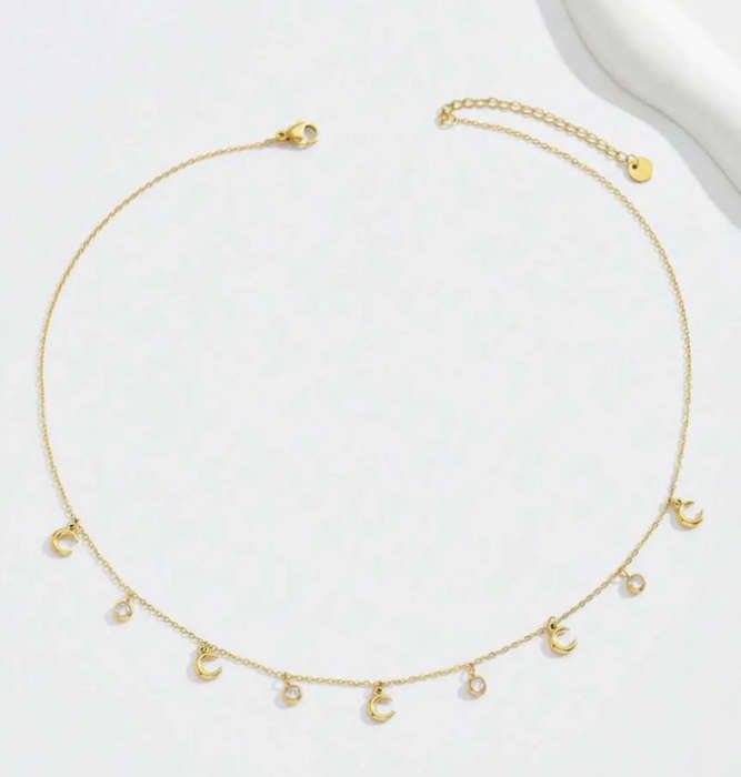 Moon and Cubic Charms Gold Stainless Steel Pendant Necklace in Velvet Jewellery Gift Box