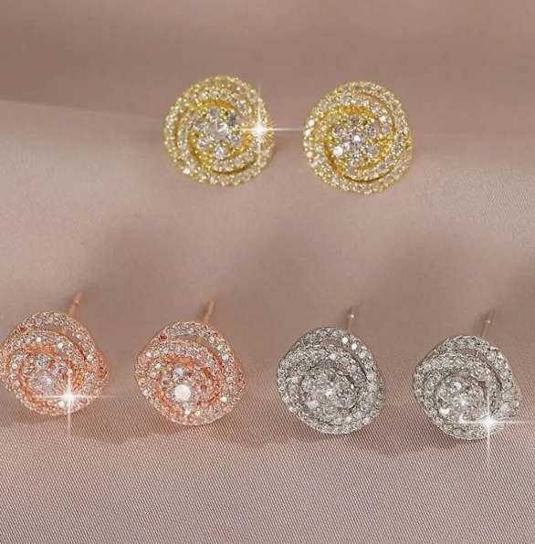 Sparkling Rose Shape Rose Gold Colour Stainless Steel Rhinestone Earrings
