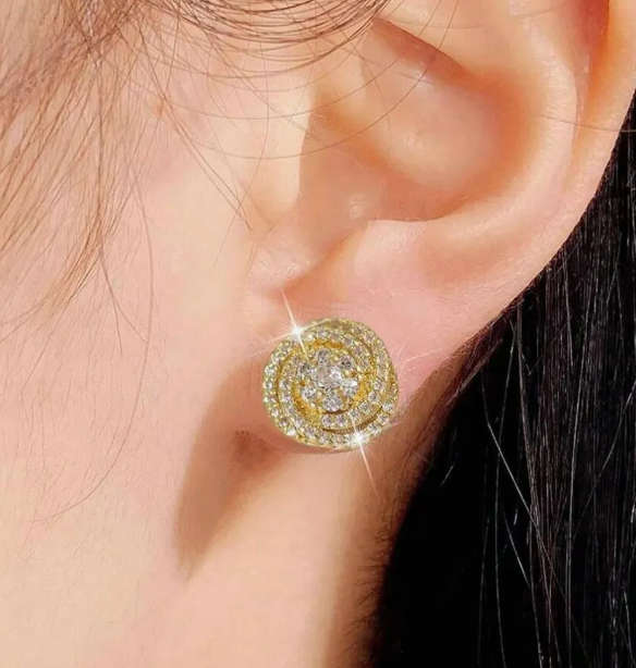 Sparkling Rose Shape Gold Colour Stainless Steel Rhinestone Earrings