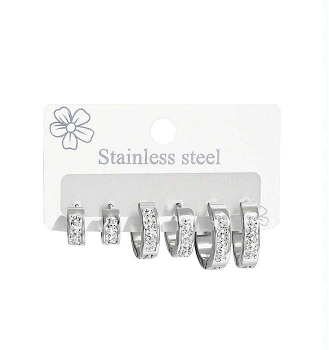 Set of 3 Silver Plated Stainless Steel CZ Earrings