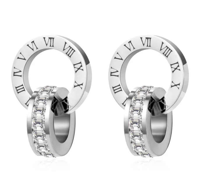 Silver Stainless Steel Roman Numerals Circle Drop Earrings