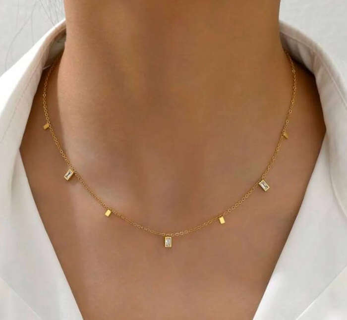 Gold Rectangular Charm Drops Necklace with Rhinestone Detail  Stainless Steel
