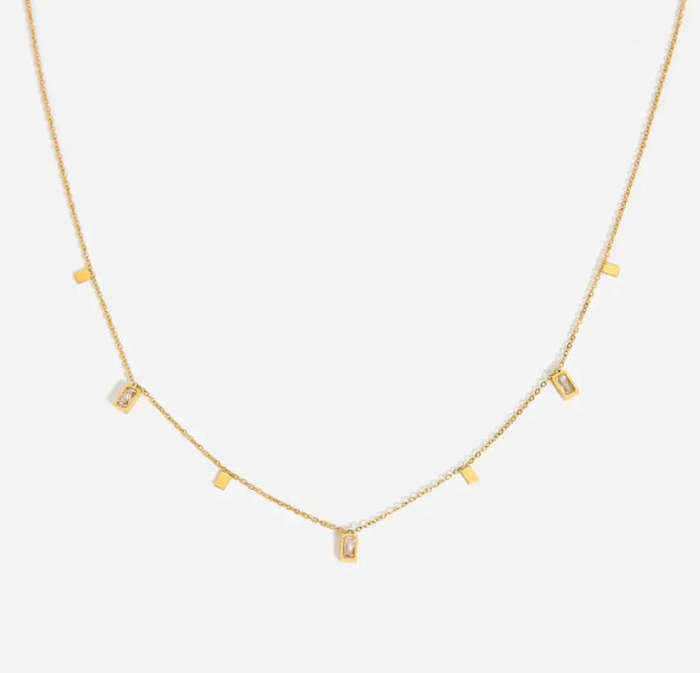Gold Rectangular Charm Drops Necklace with Rhinestone Detail  Stainless Steel
