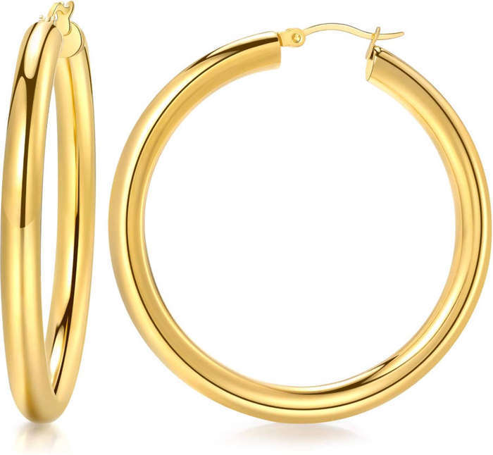 Gold Plated X Large 45mm Chunky Hoop Earrings  Waterproof Stainless Steel Huggie Hoops for Women