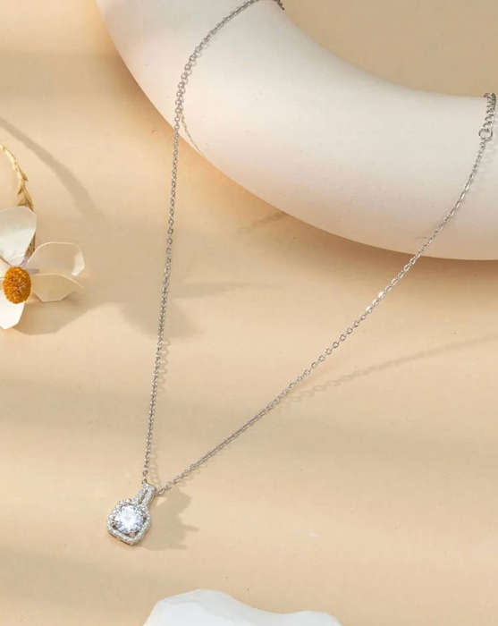 Classic Solitaire Crystal Pendant Chain, Silver Plated Stainless Steel in Jewellery Gift Box