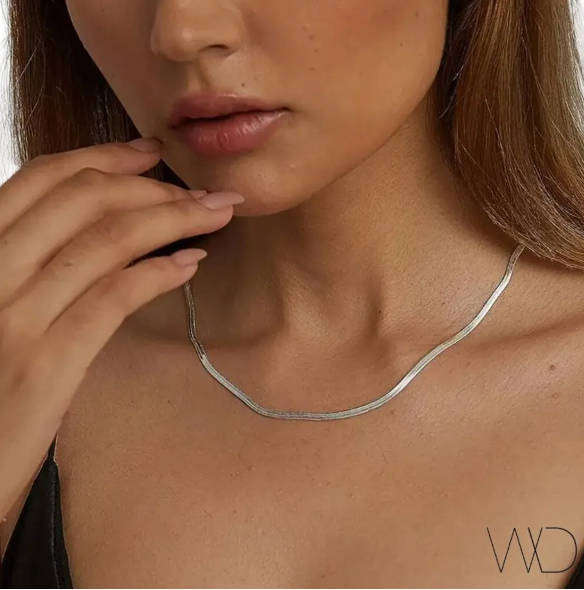 18K Plated Silver Colour Stainless Steel Herringbone Necklace
